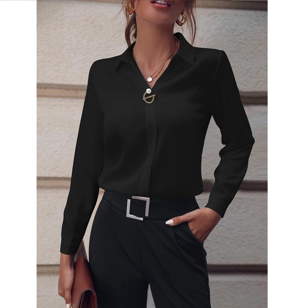 Commuter Women's Versatile Simple Solid Color Shirt Long Sleeved Medium Long Oversized Shirt