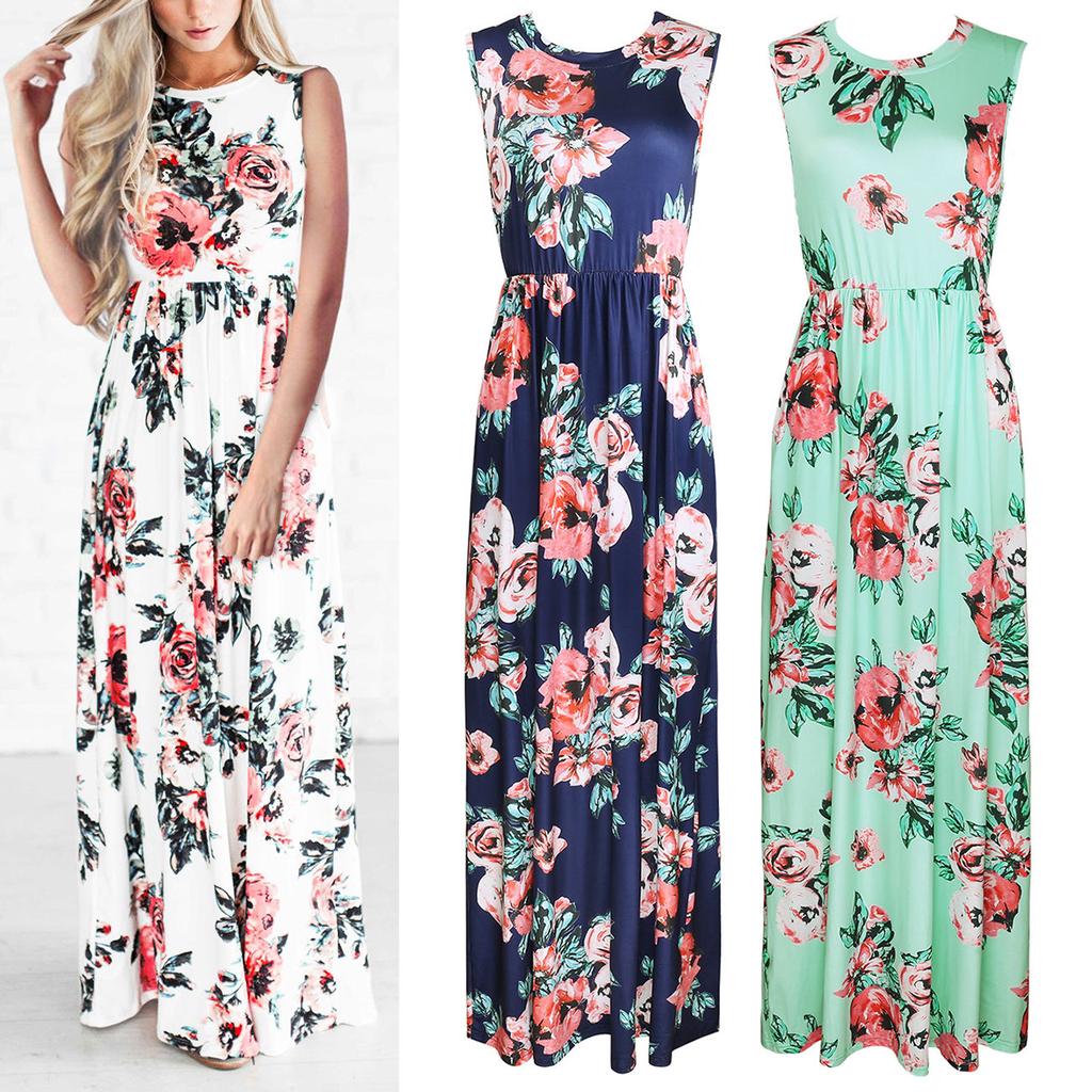 Buy Women Loose Plus Size Slim Floral Print Sleeveless Floor Length O ...