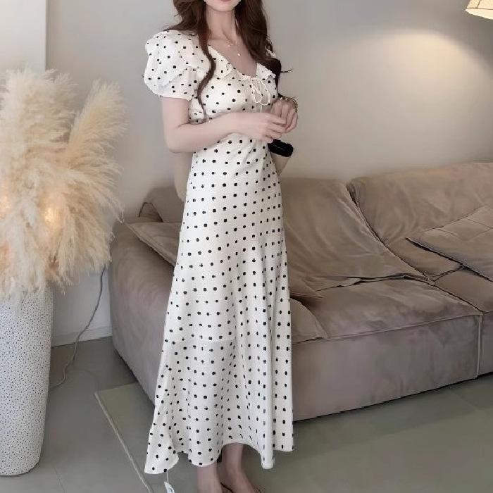 French ruffle edge polka dot bubble sleeve bow dress women's summer new femininity pure desire vacation dress