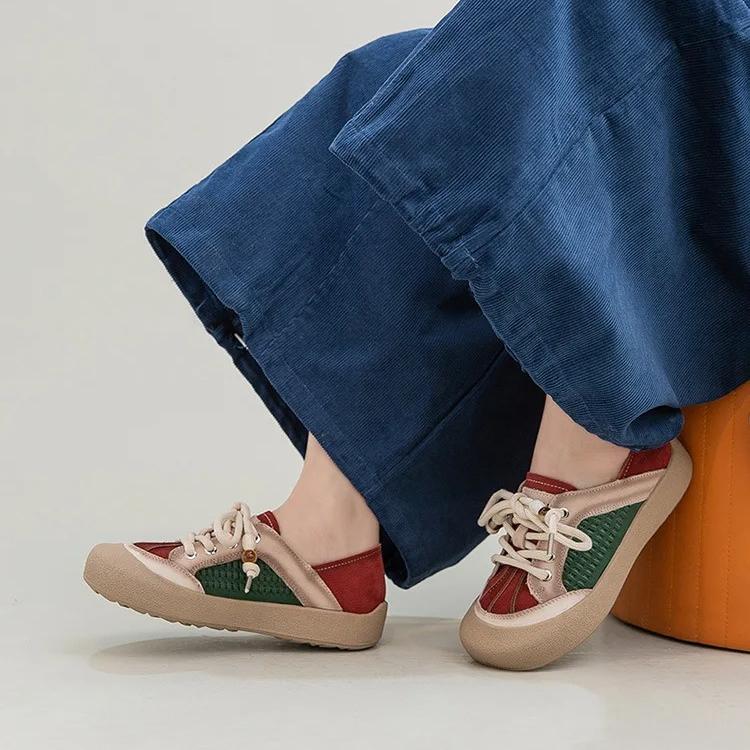 Johnature Mixed Colors Casual Lace-up Flats Genuine Leather Versatile Soft Soled Women's Shoes