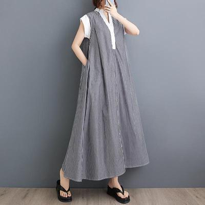 Bez rukávů Plus size bavlna vintage Stripe novinka v šatech pro ženy ležérní volné dlouhé letní šaty