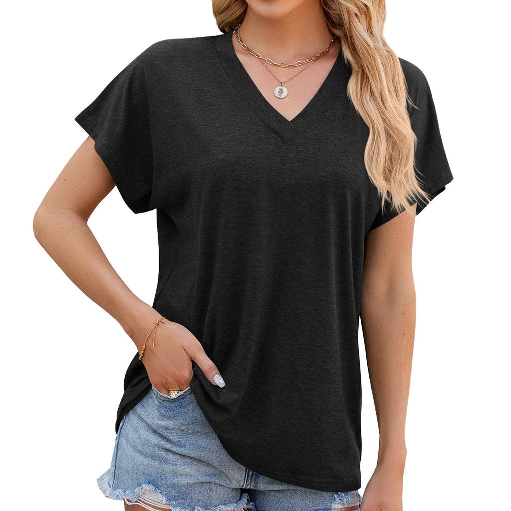 Summer V-neck Pure Color Casual Short-sleeved Women's T-shirts