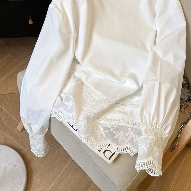 Women's White Lace Patchwork Long Sleeve T-Shirt - 2025 Spring Korean Style