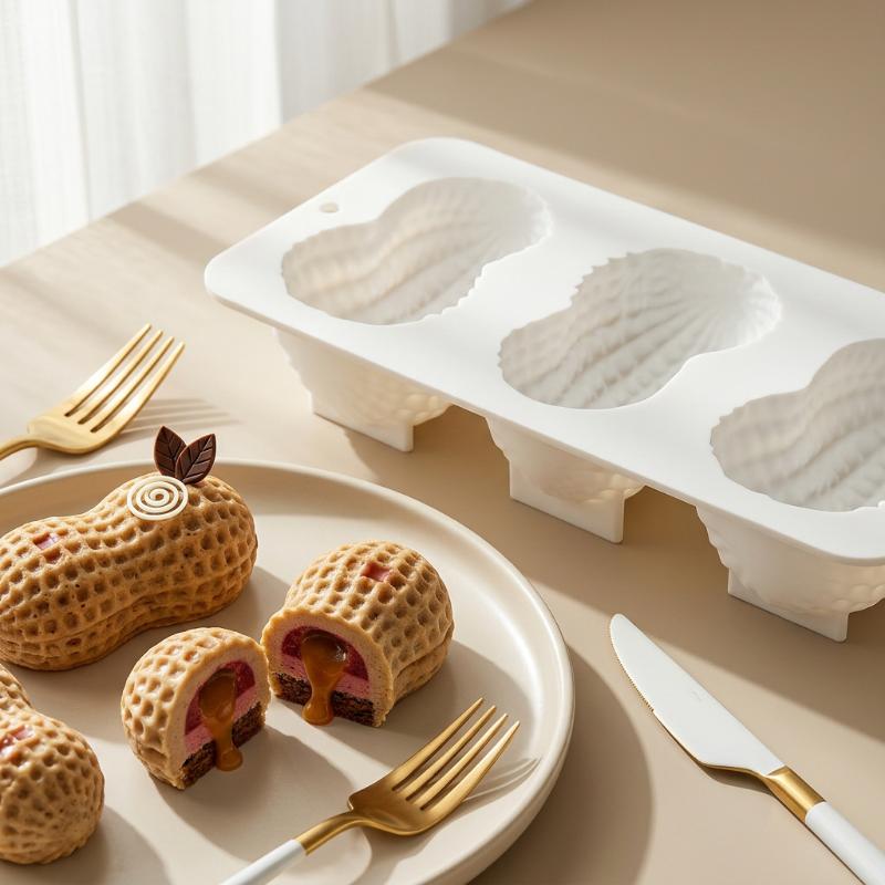 Molde de Silicona para Chocolate Diseño Cacahuete 3 Cavidades Grado Alimenticio Utensilios de Cocina Postre Repostería Molde para Pastel Mousse Francés Herramientas de Pastelería