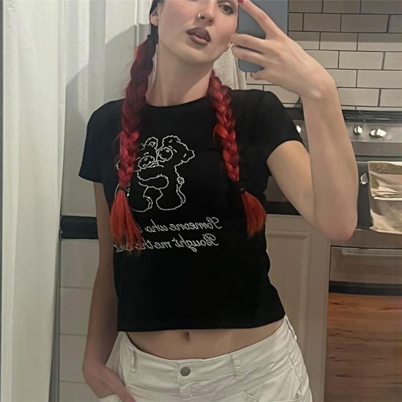 

Летняя модная женская новая универсальная футболка с круглым вырезом и коротким рукавом со стразами и открытым пупком