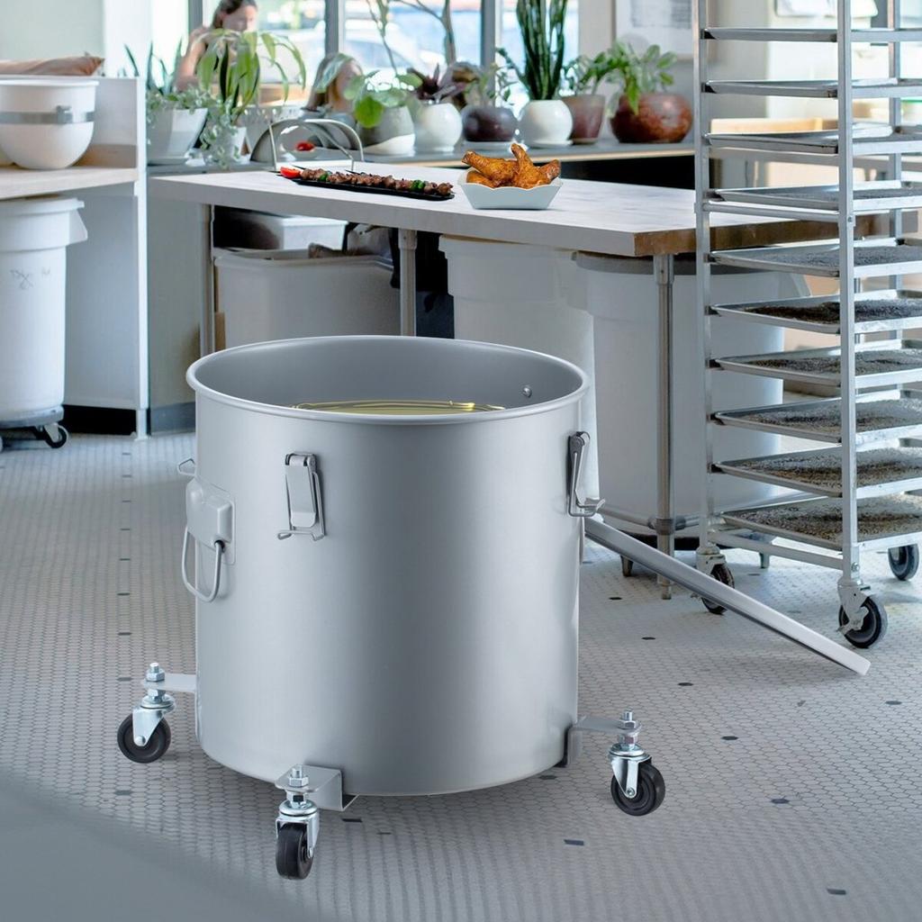 Fryer Grease Bucket, 8 Gal Oil Disposal Caddy with Caster Base, Carbon Steel with Rust-Proof Coating, Oil Transport Container with Lid, Lock Clips,
