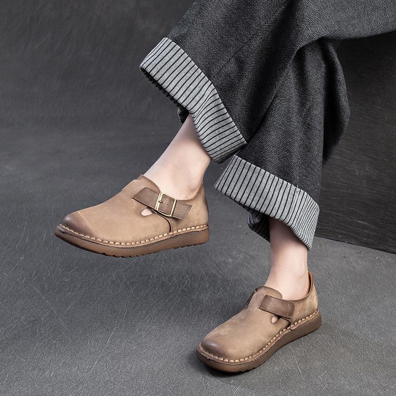 Fashion 3CM Handmade Genuine Leather Flat Shoes Women Retro Style Slip on Casual Loafers Soft Sole Literary Style Women Vulcanized Shoes