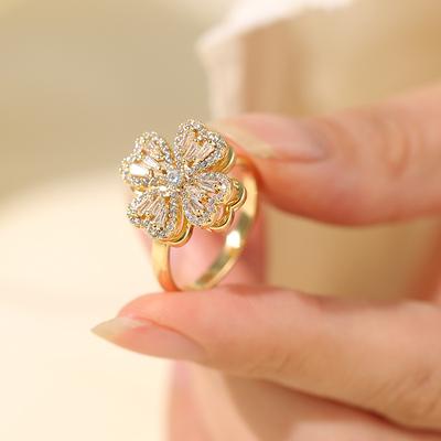 Inel pentru femei, care nu se estompează, design de nișă, galvanoplast, pentru fete, cu ridicata, simplu, cu două straturi, rotativ, trifoi cu patru foi, inel de deschidere cu diamant