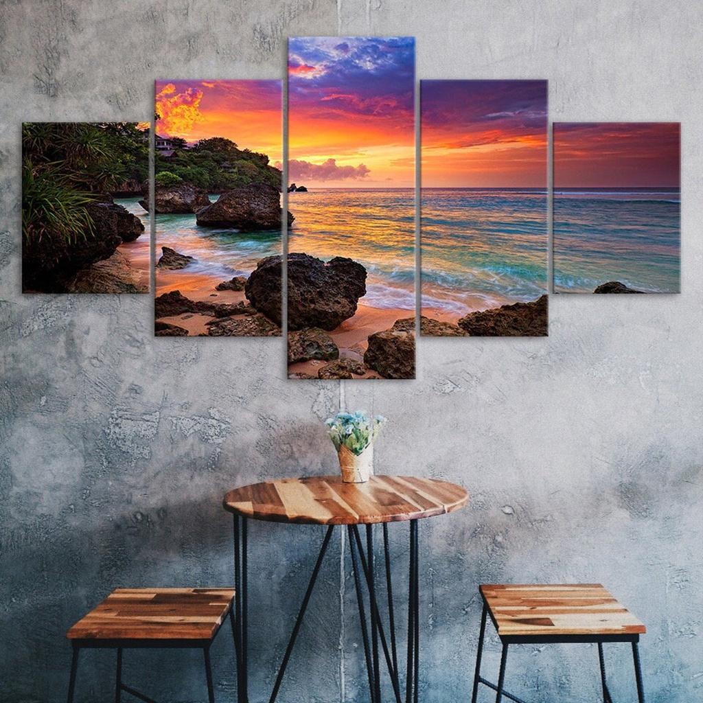 Beach Red Sky Sunset Scene 5 Piece Five Panel Canvas Print Modern Wall Art Poster Home Decor Gift For Him For Her