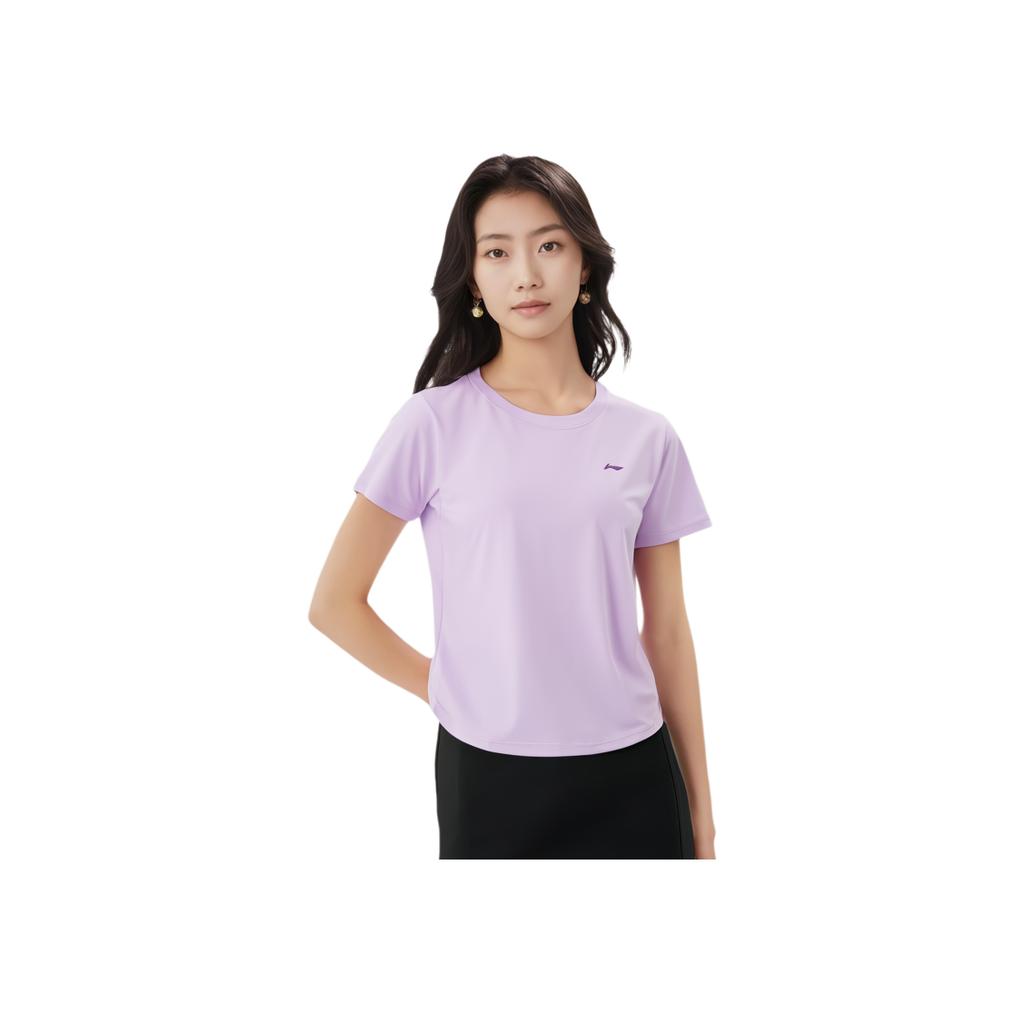 Li-Ning Comfortable Versatile Simple Solid Color Round Neck Short Sleeve T-Shirt Women Tops Twilight-Purple ATSV044-5