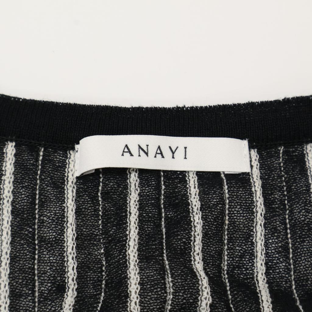 ANAYI White X Navy Striped Waist Ribbon Long Sleeve Dress Dress 38 Black White StripesUsed