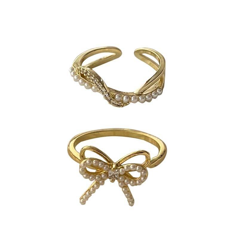 Elegant Pearl Bowknot Two-piece Set Of Open Ring For Women Deluxe Finger Ring
