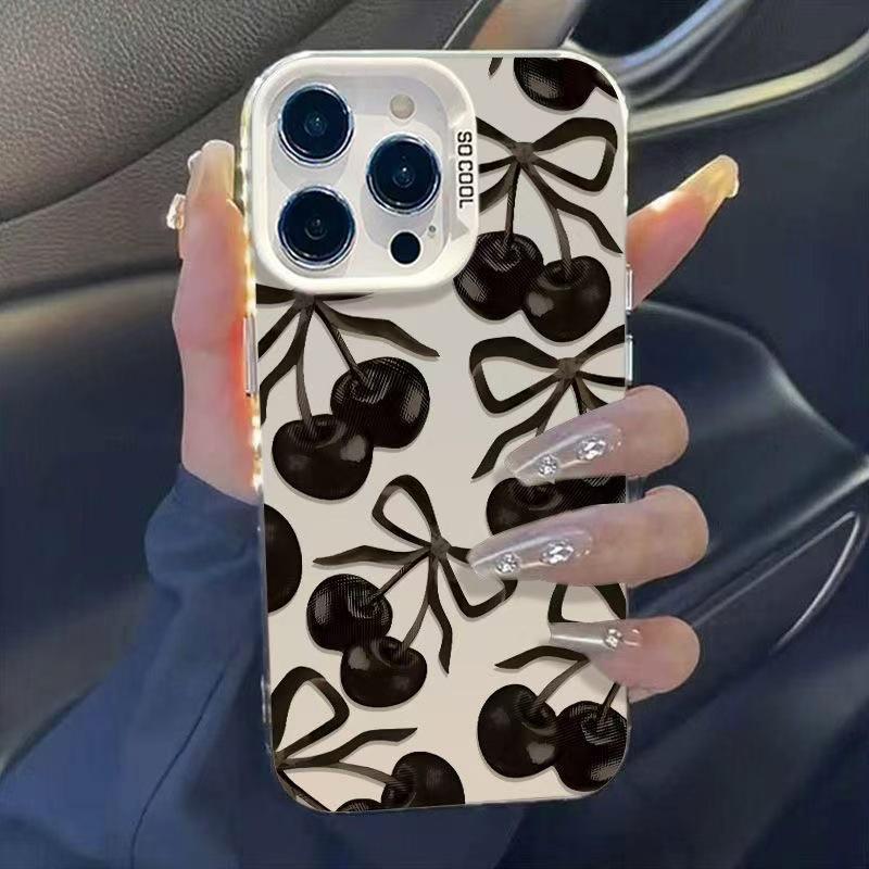High-End Black Cherry Anti-Fall iPhone 12-17 Case: Creative & Durable