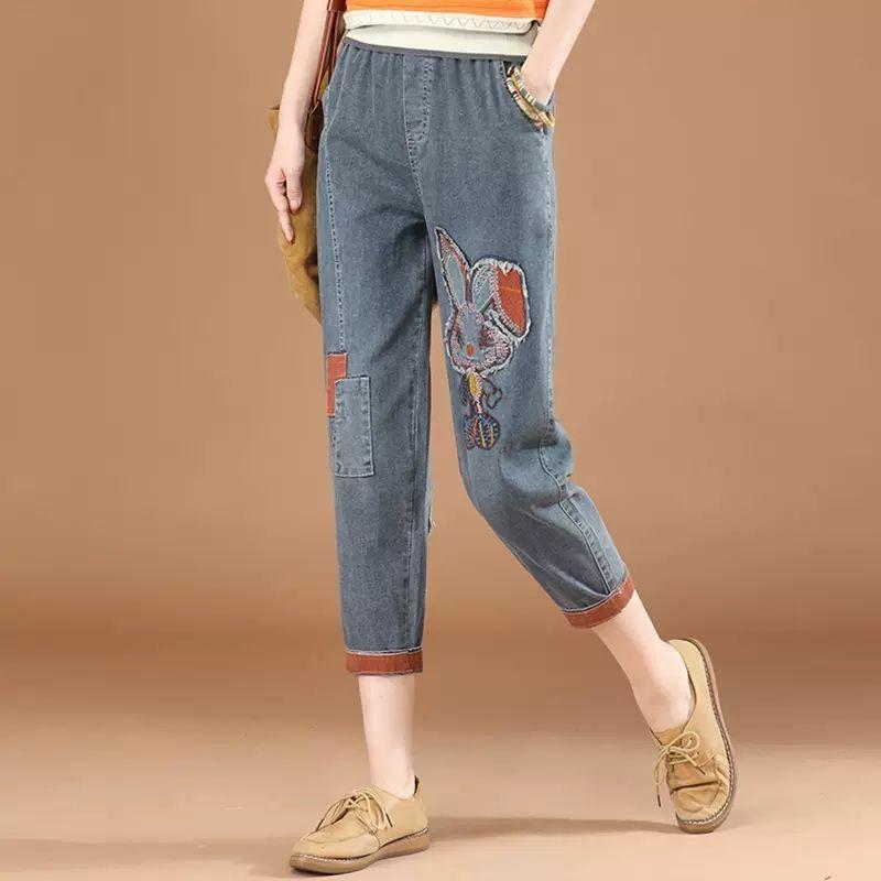 

Эластичные джинсы с вышивкой, укороченные, для женщин, на весну и лето, повседневные брюки гаремы для женщин 3XL