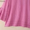 ZANZEA Women Casual Round Neck 3/4 Sleeve Loose Embroidery Patchwork Blouse