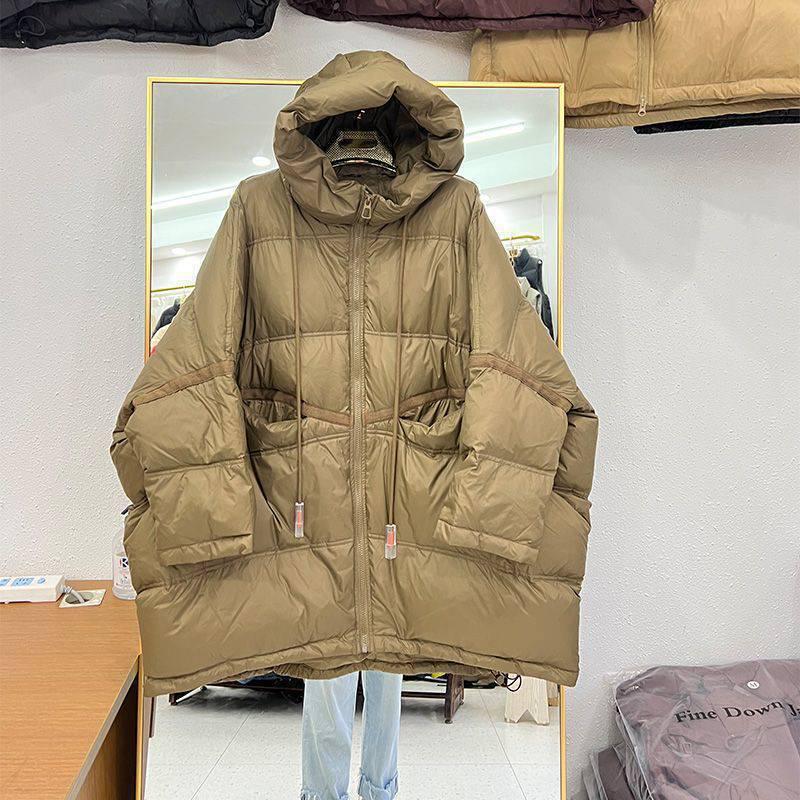 2025 Autumn/Winter Korean Style Plus Size White Duck Down Hooded Mid-Length Jacket for Women