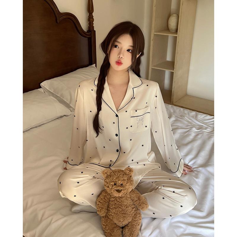 Hot Diamond Stars Korean Style Sweet Ladies Pajamas Early Spring Ice Silk Long Sleeves Warm and Comfortable Loungewear