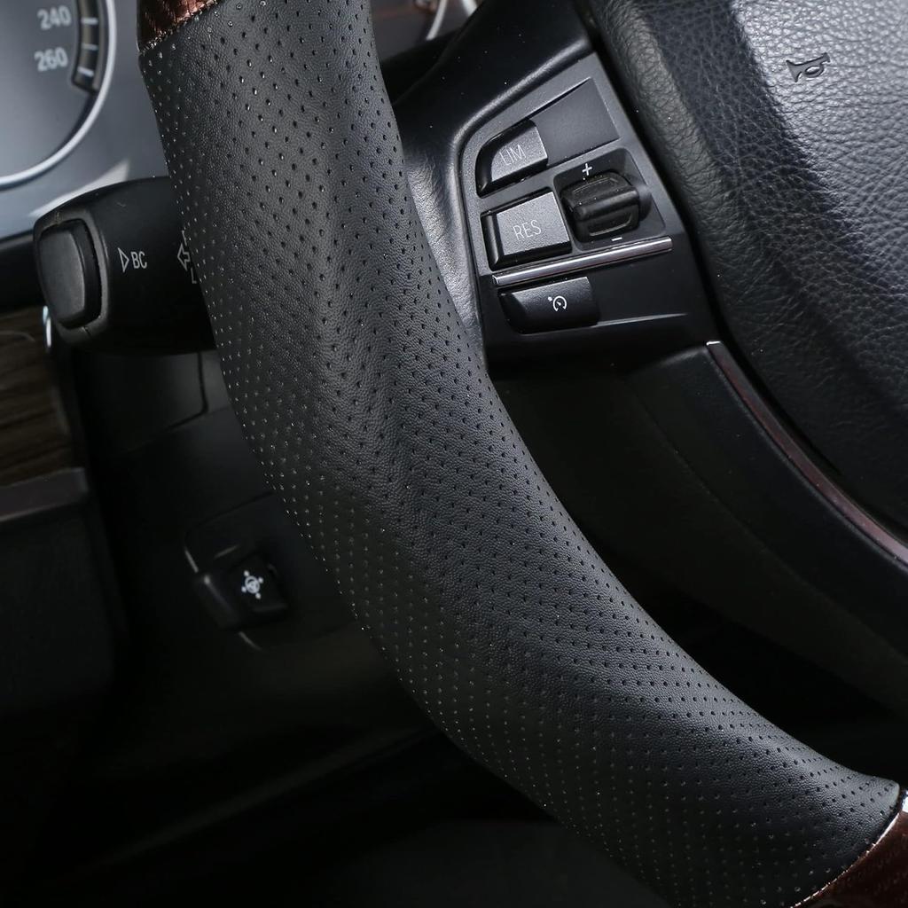 ALEMODR Black Carbon Fiber Leather Steering Wheel Cover Universal 15 inch