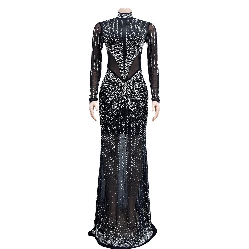 Fashion Women's Dress Solid Colour Mesh Drill Long Sleeve Long Dress