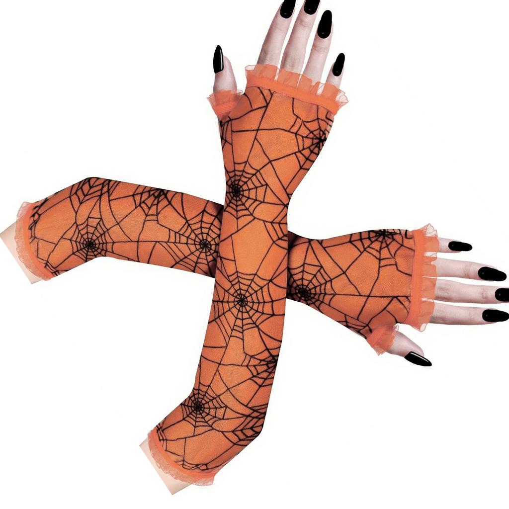 Spiderweb Patterned Long Stretchable Mesh Gloves for Halloween Costume Parties and Cosplay Event