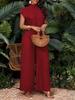 Women's Casual Asymmetrical Hem Two-Piece Set: Solid Color Top and Pants