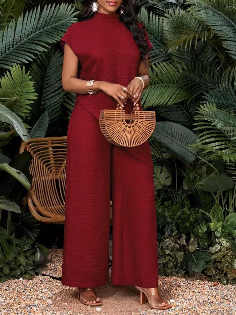 Women's Casual Asymmetrical Hem Two-Piece Set: Solid Color Top and Pants