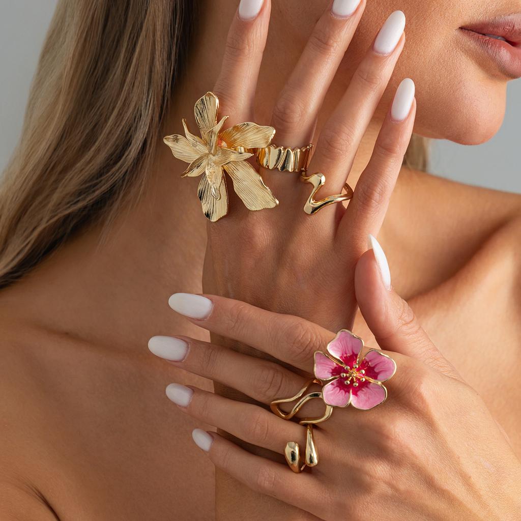 2026 Trendy Enamel Pink Flower Rings Set Twisted Chunky Metal Baroque Pearl Rings for Women Girls Aesthetic Y2K Accessories