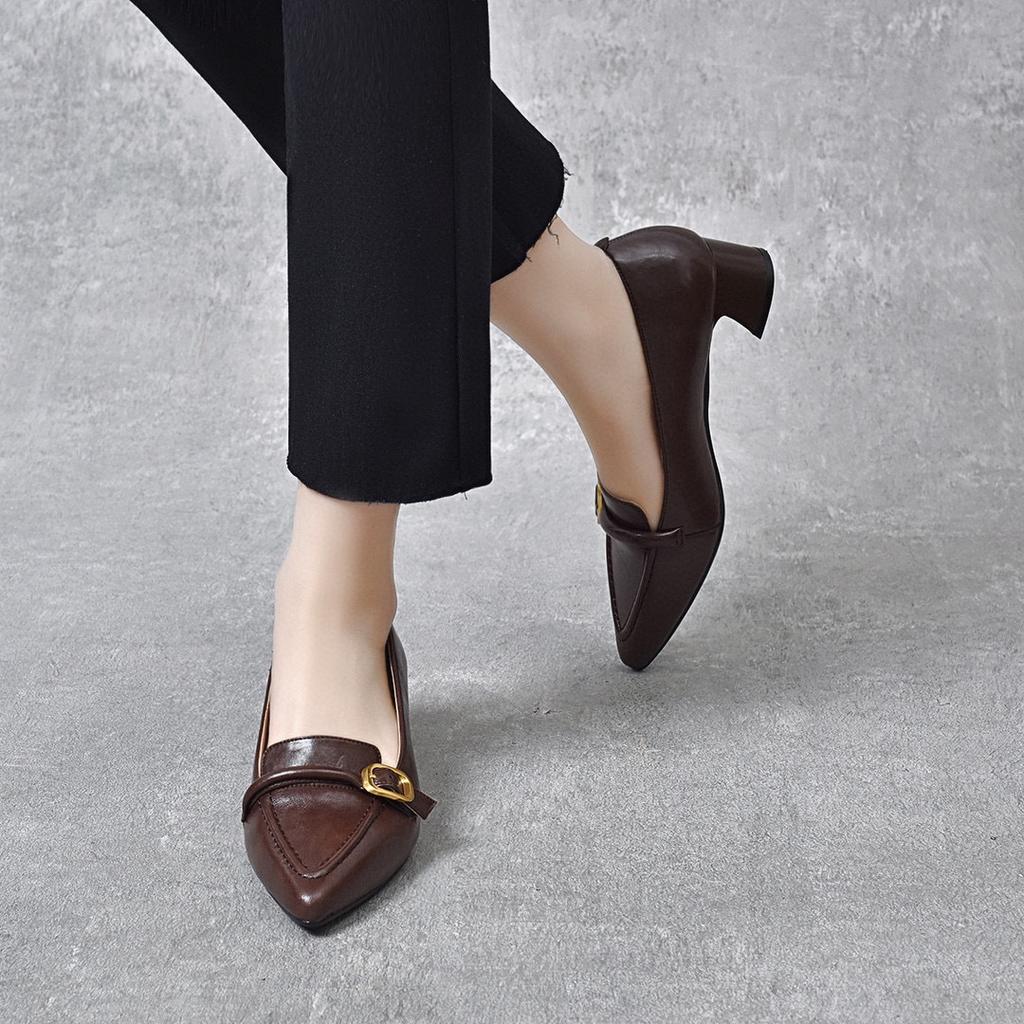 Pointed high heels women's shoes spring new belt buckle small single shoes elegant middle heel work shoes