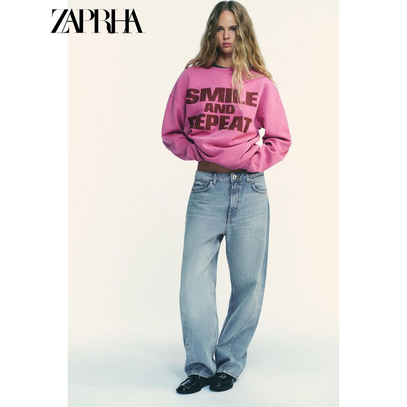 Zaprha 2025 Autumn New Rib Trim Smiley Wash Effect round Neck Long sleeve Hoodie 6050020