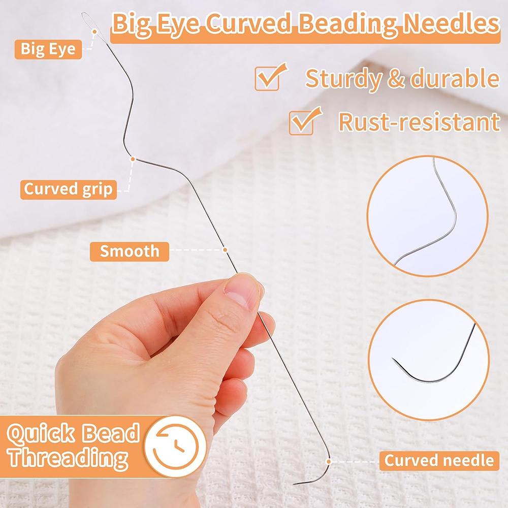 3 Pezzi Aghi Curvi per Perline Occhio Grande con Filo per Perline in Acciaio Inossidabile con 2 infila aghi per Fai da Te Braccialetti Collane Gioielli