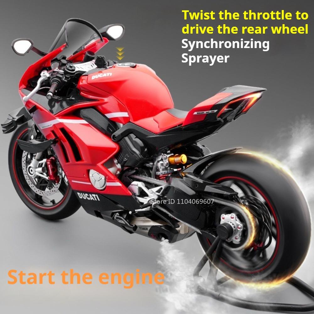 Large 1:7 Scale V4 V4R Motorcycle Model Toy Linkage Steering Shock Absorption Spray Motorbikes Sound Light Models for Kids Toys