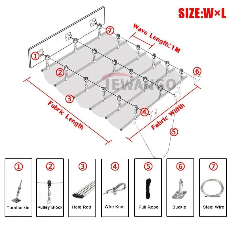 Beige Waterproof Polyester Fabric Outdoor Telescopic Awning Wave Sunshade Net Pergola Sun Canopy Swimming Pool Shading Sail