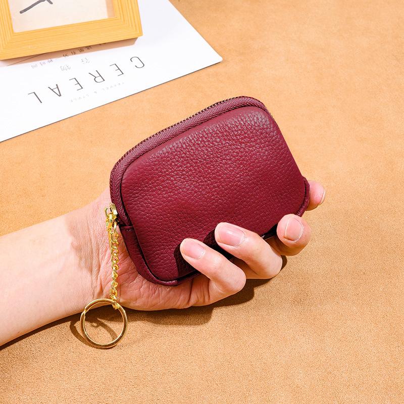 

Кожаный ручной кошелек на молнии маленький женский из первого слоя коровьей кожи мини-сумка для хранения ключей монетница милый кошелек для мелочи бордовый
