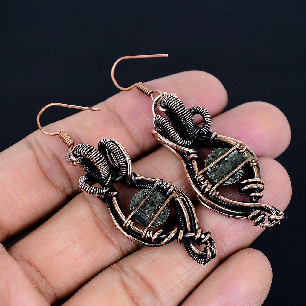 Golden Apache Pyrite Earrings, Gemstone Handmade Pure Copper Wire Wrap Jewelry Earrings, For Memorial Gift