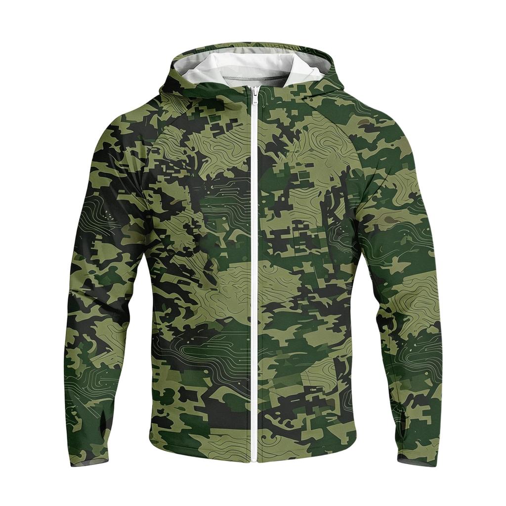 Men's Casual Raglan Sleeve Hooded Long Sleeve Sun Protection Jacket Lightweight Breathable Outdoor Sportswear with Full Zip Front