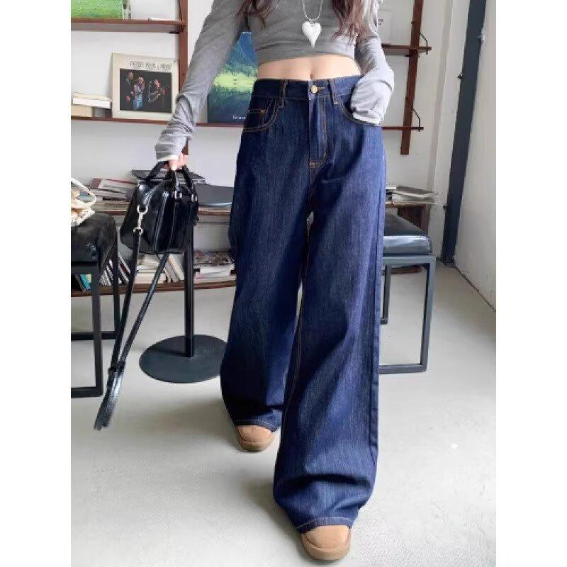 

Джинсы с высокой посадкой большого размера темно-синие с широкими штанинами для женщин - стиль до пола осень 2024 5XL темно-синий