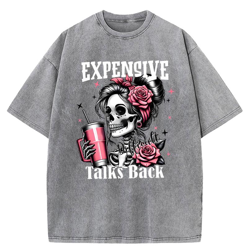 Expensive Talks Back Funny Prints Washed Retro  T Shirt Woman Trendy Casual Tee Shirts Cotton Oversized Clothes Breathable Short Sleeve