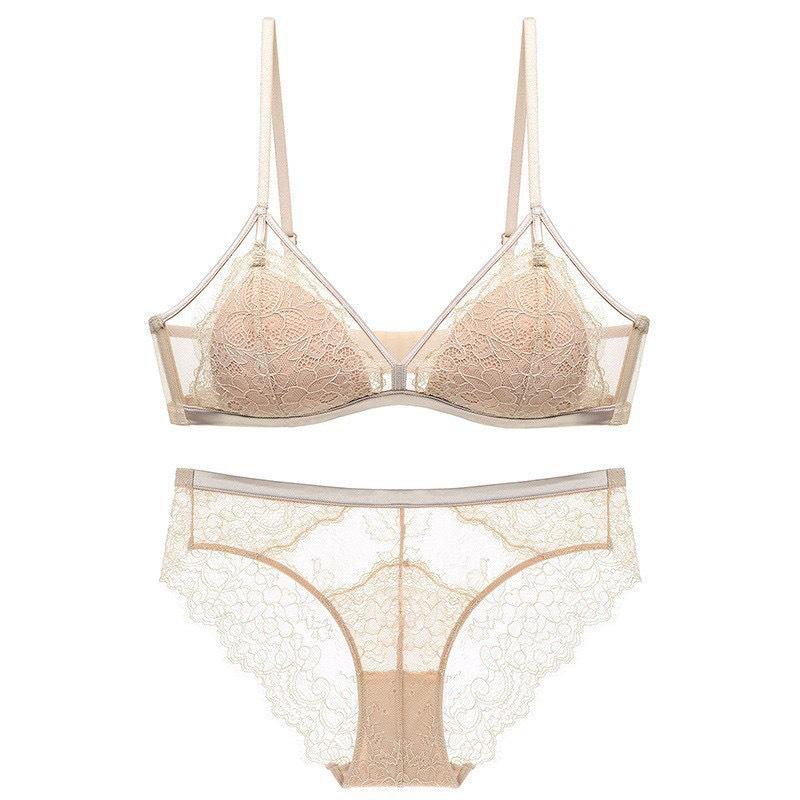 

Французский кружевной комплект бюстгальтера и трусиков с треугольными чашками: Беспроводной, Сексуальная спина, Тонкий стиль, Минимизирующий большую грудь. 34C телесный