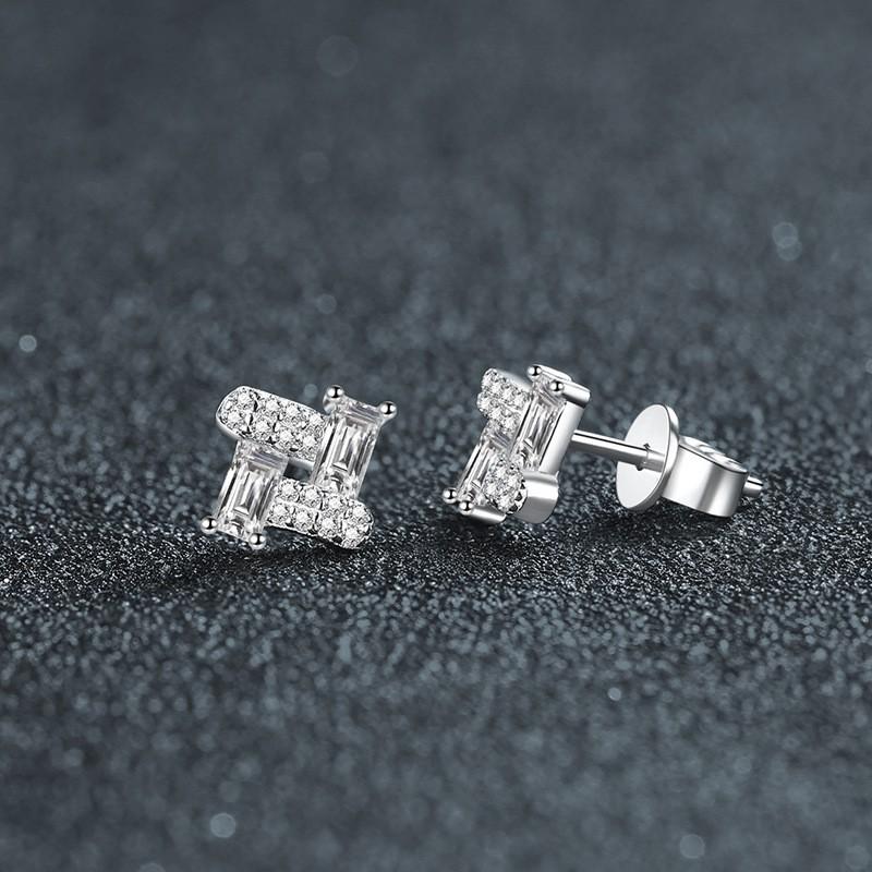 Geometric Moissanite Stud Earrings Women Sterling Long Rectangle Design Lightweight Luxury Daily Wear