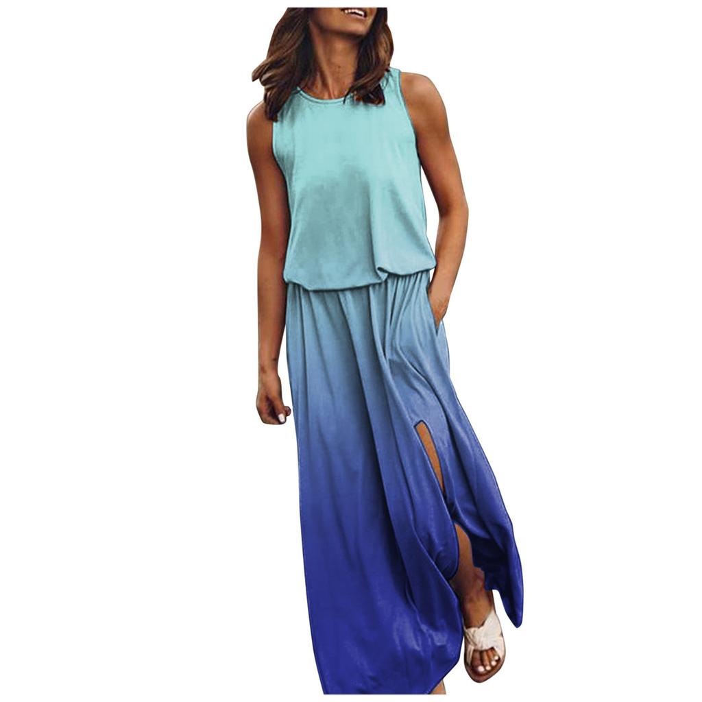 Dámské šaty s elastickým pasovým prošíváním s přechodovým potiskem rozdělené sexy šaty