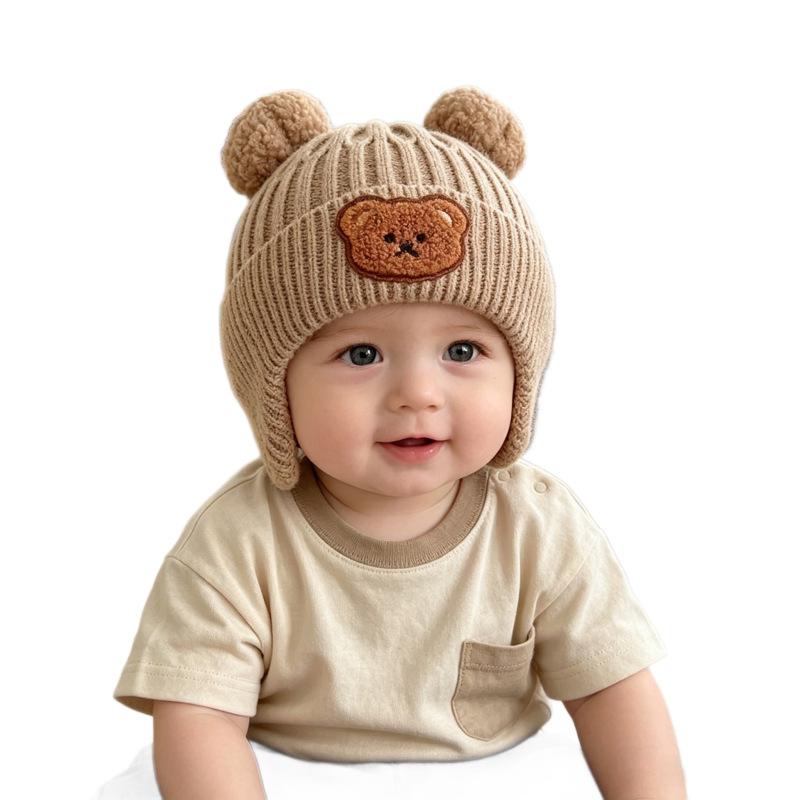 Autumn and Winter Children's Thickened Warm Ear Protectors, Boys and Girls Cartoon Wool Knitted Hats, Cute Bear Integrated Hats