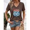 New Women's Fashionable Women's Clothing, Vintage Style, Highway 66 Positioning Print V-neck Short Sleeve