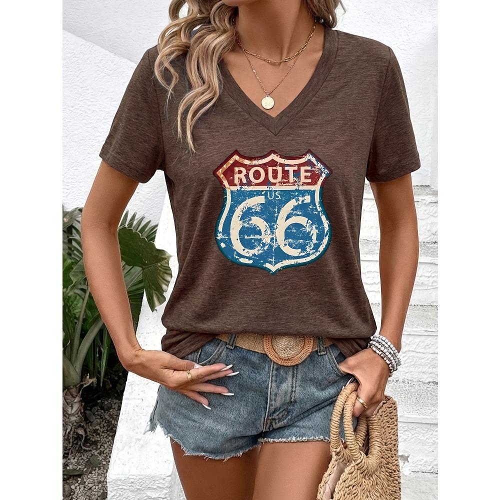 New Women's Fashionable Women's Clothing, Vintage Style, Highway 66 Positioning Print V-neck Short Sleeve