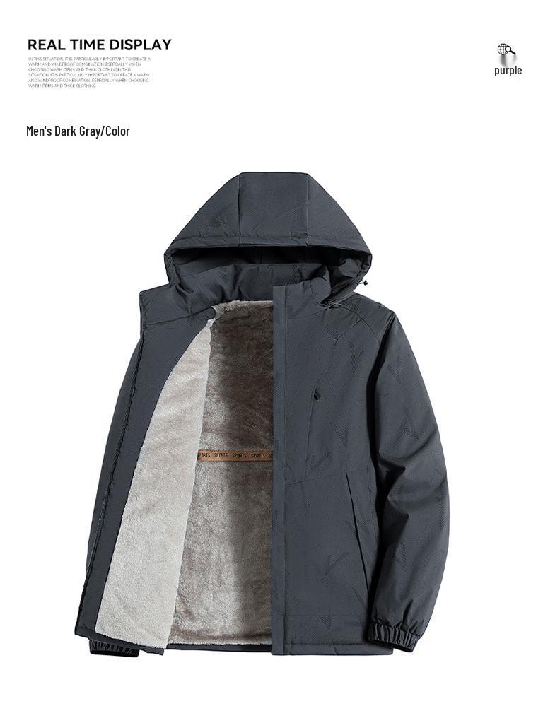 Men's Windproof Waterproof Hooded Jacket with Velvet Lining for Autumn & Winter