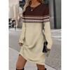 Womens Heart Print Round Neck Long Sleeve Plaid Patchwork Midi Dress Elegant Casual Office Wear