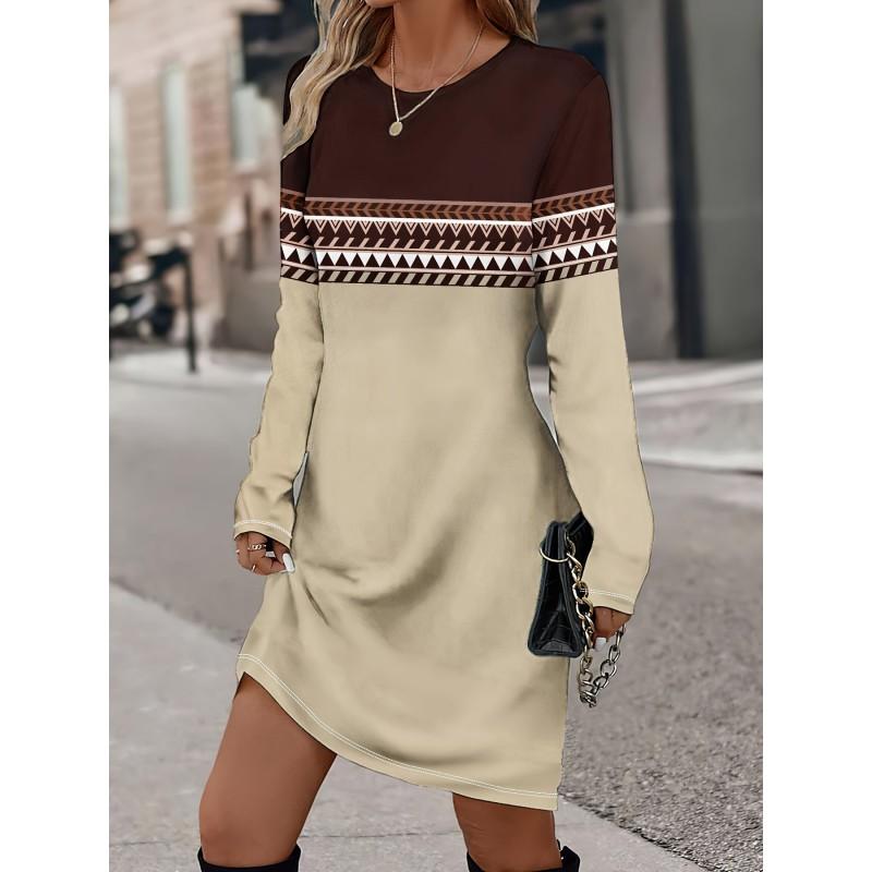 Womens Heart Print Round Neck Long Sleeve Plaid Patchwork Midi Dress Elegant Casual Office Wear