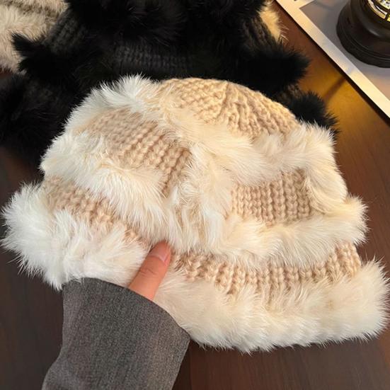 Women Fisherman Hat Imitation Rabbit Fur Decor Autumn Winter Windproof Warm Dome Soft Knitting Basin Hat