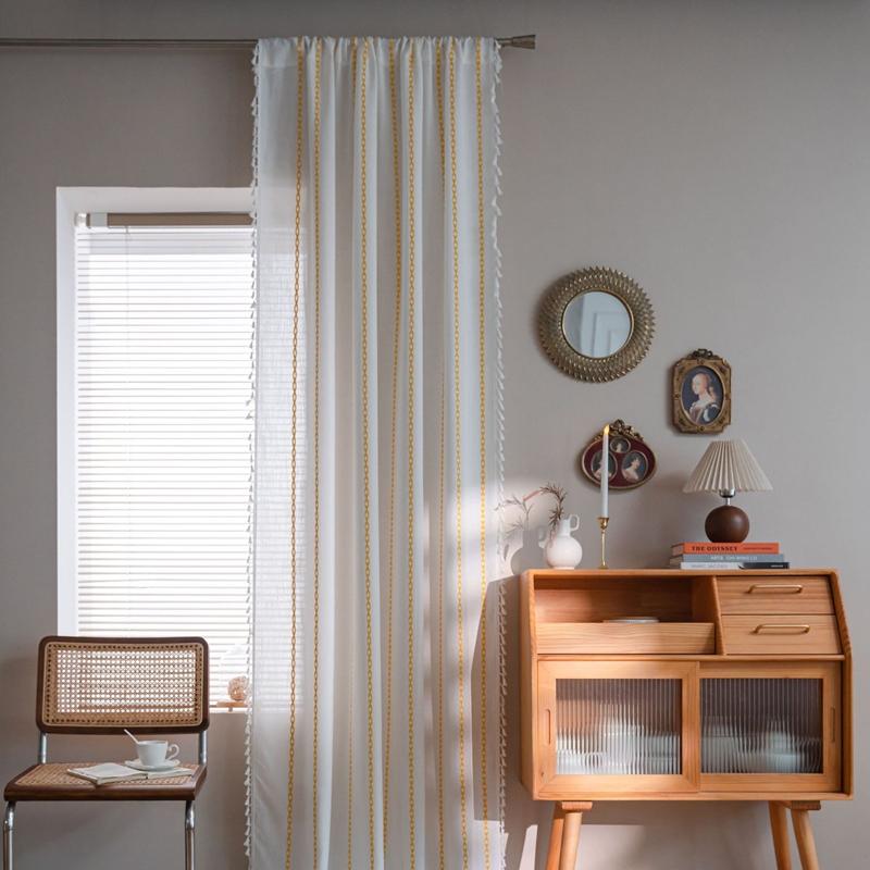Solid Color Multi-line Finished Curtain for Bedroom Living Room Rural Embroidery Textured Window Curtain 1 Panels Tassel Drapery