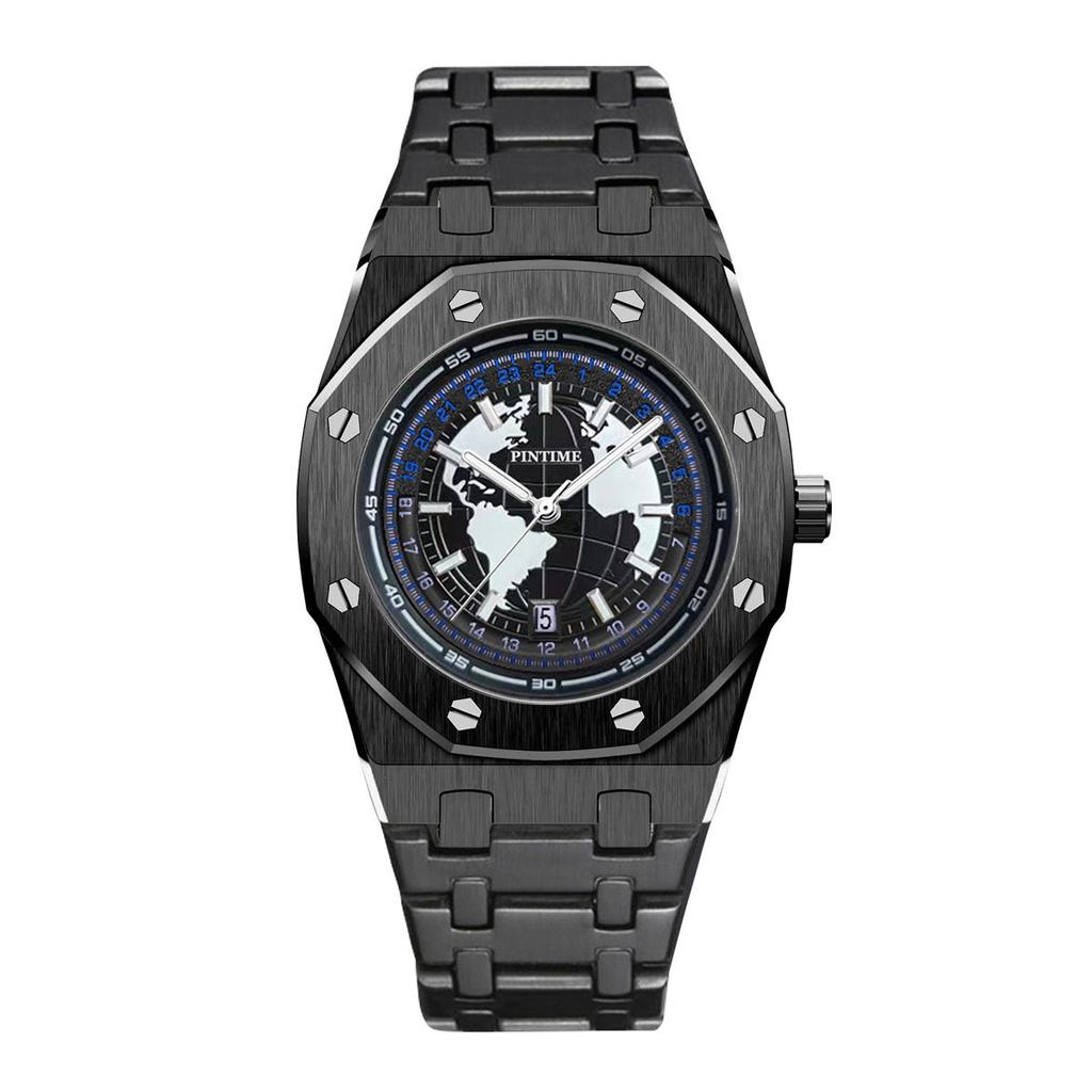 PINTIME Earth Style Men's Watches Stainless Steel Blue Planet Quartz Wristwatch for Man Luminous Waterproof Date