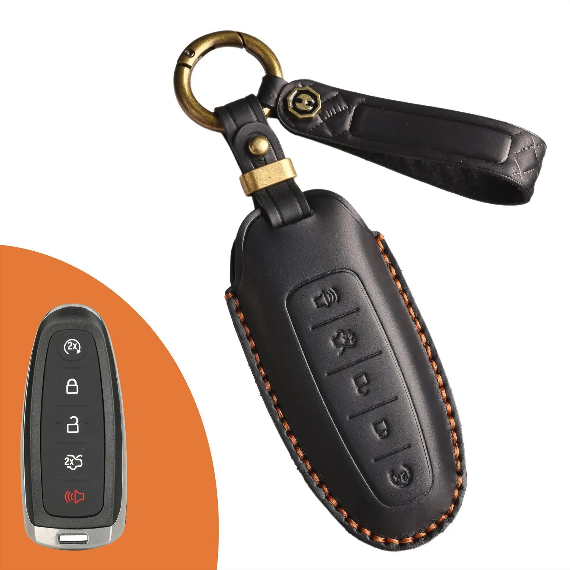 

New Leather Car Key Case Cover Fob Accessories for Lincoln Aviator Navigator for Ford Edge Escape Explorer Focus Keychain Holder чорний